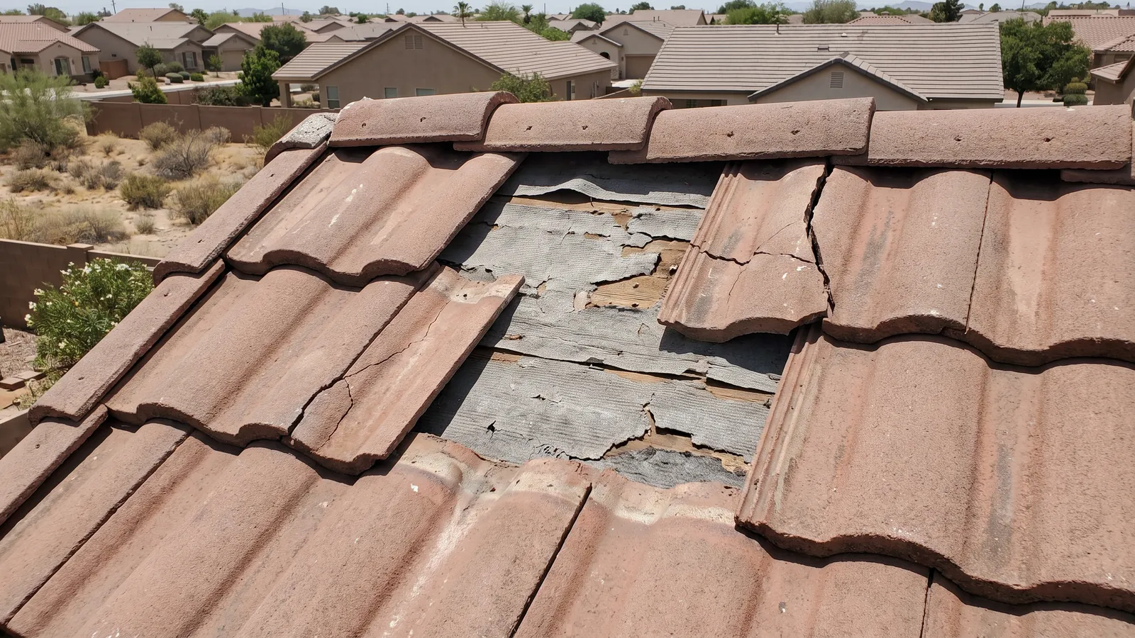 Cracked and slipped concrete S-tiles on an Arizona roof with the dried-out underlayment showing beneath