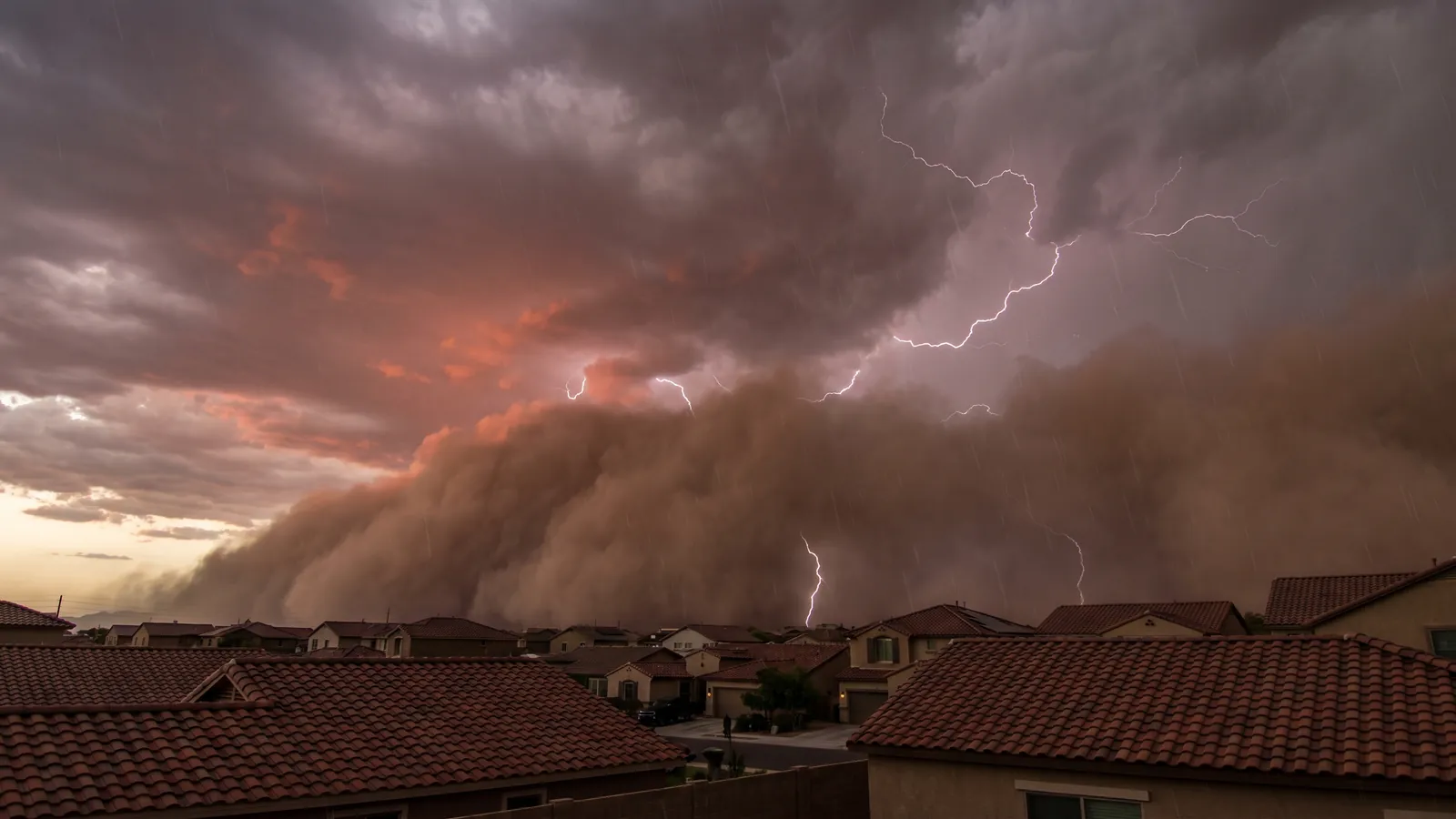 Monsoon thunderstorm and dust wall rolling toward tile rooftops in the West Valley