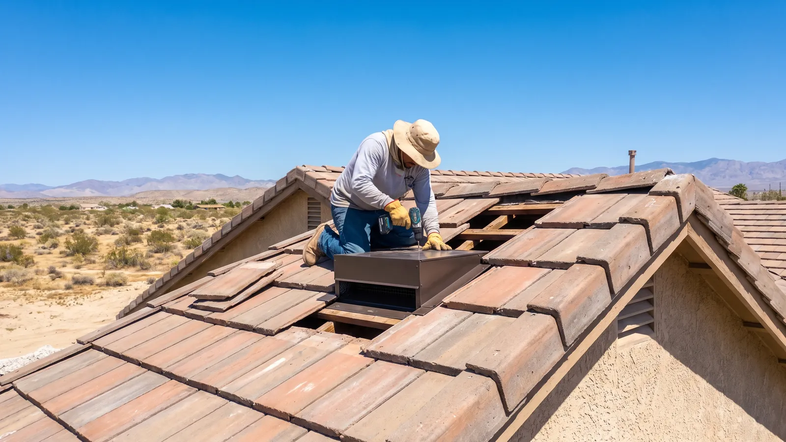 Roofer installing an off-ridge attic vent on a concrete tile roof under a bright desert sky