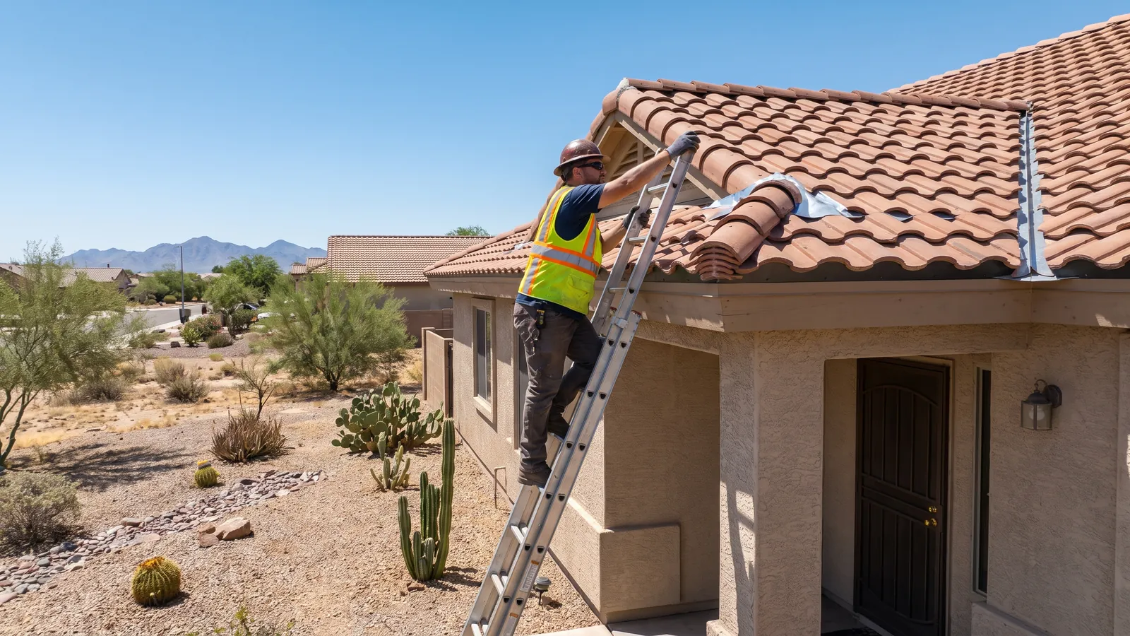Roof inspector on a ladder checking ridge tiles and flashing on an Arizona tile roof