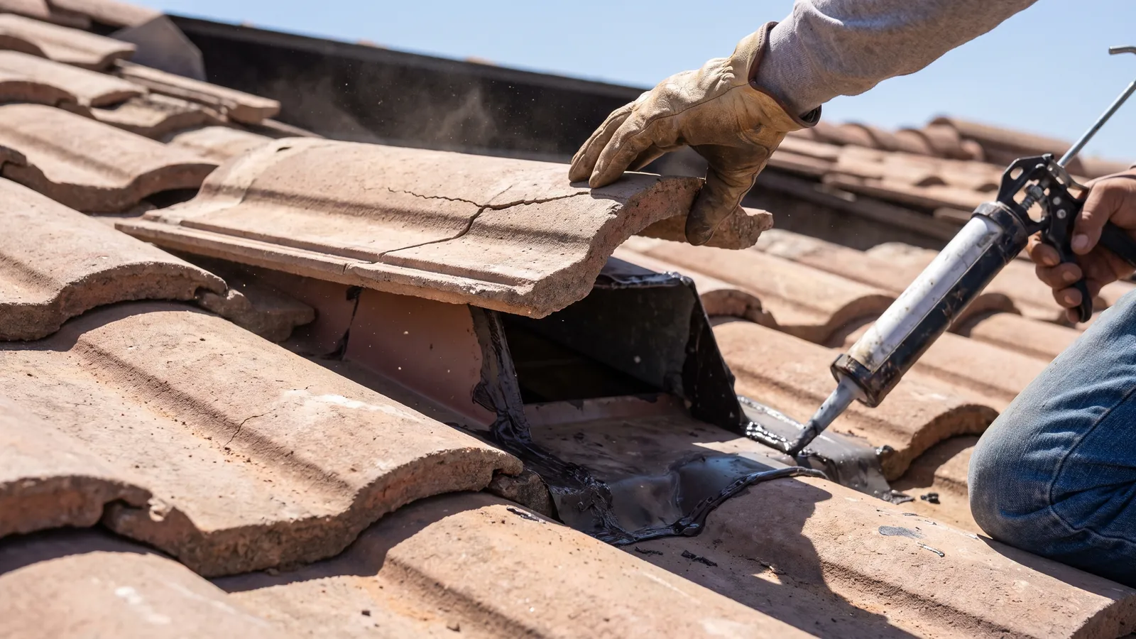 Roofer replacing a cracked concrete roof tile and resealing a vent flashing on a West Valley home