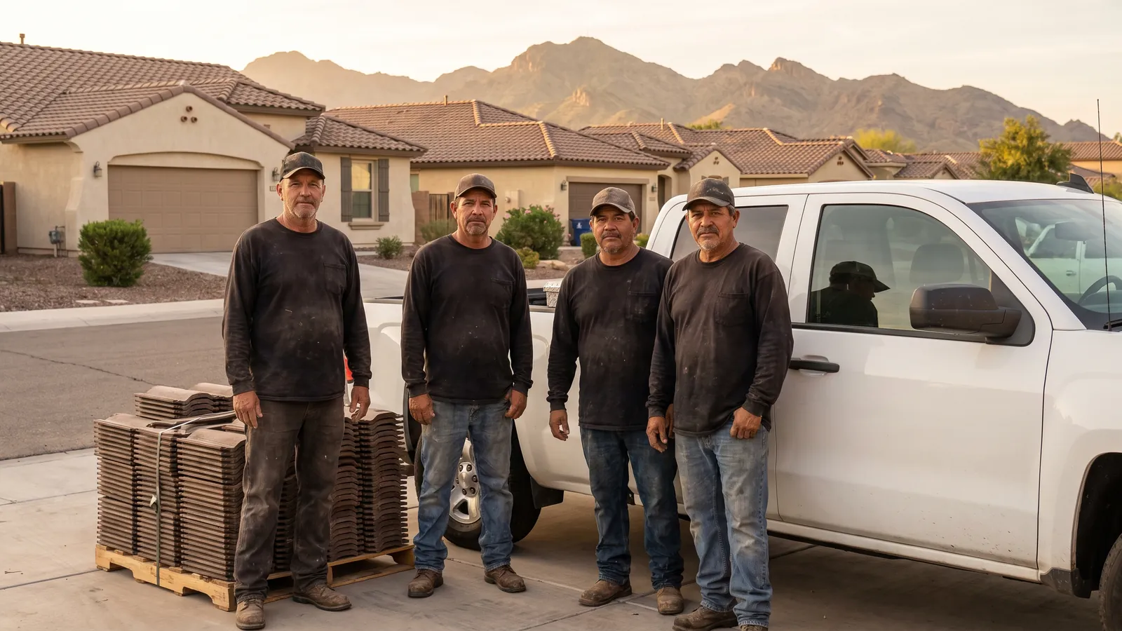 The Surprise Roofing Co. crew beside their truck and pallets of concrete roof tile in Surprise, Arizona